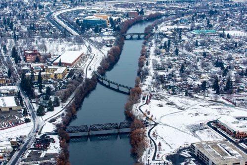 Aerial Drone Helicopter Shot of bridges on the River